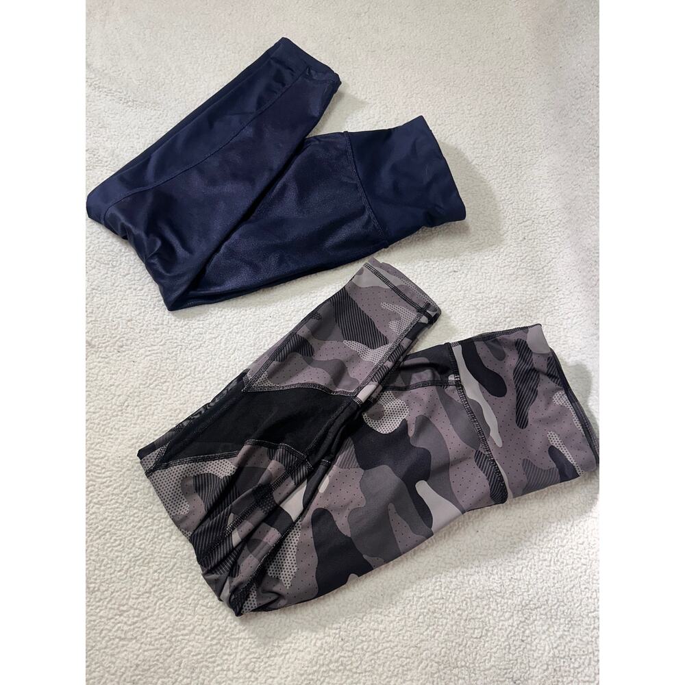 2 Pair Xersion Workout Leggings Bundle Camo Mesh Panel High Waisted Navy Athleti